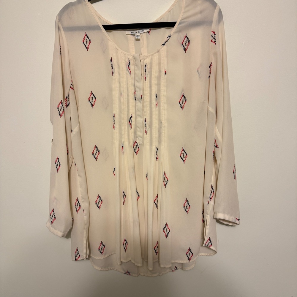 Black Rainn Cream Diamond Print Long Sleeve Blouse Top Womens 1X - Picture 2 of 11